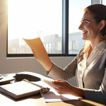 Smiling female tax accountant in a modern office, advising a small business owner. Sunlight streaming through the window. Professional yet approachable atmosphere. Focus on communication and trust.