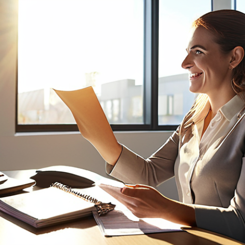 Smiling female tax accountant in a modern office, advising a small business owner. Sunlight streaming through the window. Professional yet approachable atmosphere. Focus on communication and trust.