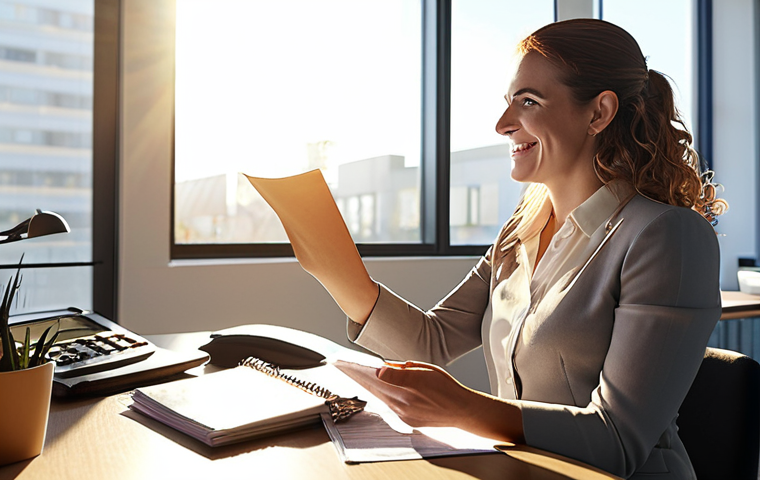 Smiling female tax accountant in a modern office, advising a small business owner. Sunlight streaming through the window. Professional yet approachable atmosphere. Focus on communication and trust.