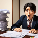 **Prompt:** Stressed Japanese tax accountant at desk piled with documents, frustrated expression. Speech bubble with client demanding unrealistic tax return. Soft, empathetic lighting.
