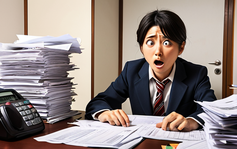 **Prompt:** Stressed Japanese tax accountant at desk piled with documents, frustrated expression. Speech bubble with client demanding unrealistic tax return. Soft, empathetic lighting.