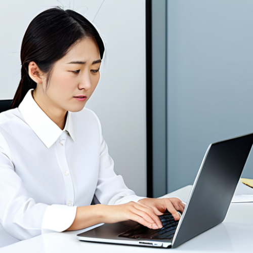 A focused, professional Japanese businesswoman in a modest business suit and blouse, seated at a sleek, modern office desk. Her expression transitions from slightly puzzled by physical documents to one of understanding and control as she interacts with a user-friendly cloud accounting interface displayed on her laptop. The office is bright, minimalist, and indicates efficiency. fully clothed, appropriate attire, safe for work, perfect anatomy, correct proportions, natural pose, well-formed hands, proper finger count, natural body proportions, professional dress, professional photography, high quality, professional, modest.