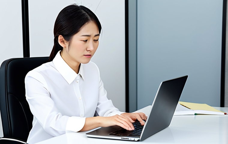 A focused, professional Japanese businesswoman in a modest business suit and blouse, seated at a sleek, modern office desk. Her expression transitions from slightly puzzled by physical documents to one of understanding and control as she interacts with a user-friendly cloud accounting interface displayed on her laptop. The office is bright, minimalist, and indicates efficiency. fully clothed, appropriate attire, safe for work, perfect anatomy, correct proportions, natural pose, well-formed hands, proper finger count, natural body proportions, professional dress, professional photography, high quality, professional, modest.