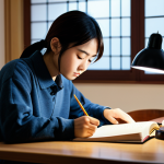 A diligent Japanese student, fully clothed in comfortable yet modest casual wear, intently studying at a neat wooden desk. The desk is organized with open textbooks, legal codes, and notebooks. A warm desk lamp casts a soft glow on the workspace, highlighting the focused expression. The background is a slightly blurred, quiet study room, conveying a sense of deep concentration. The image captures a moment of quiet determination and intellectual pursuit. safe for work, appropriate content, fully clothed, modest, perfect anatomy, correct proportions, natural pose, well-formed hands, proper finger count, natural body proportions, professional photography, high quality.