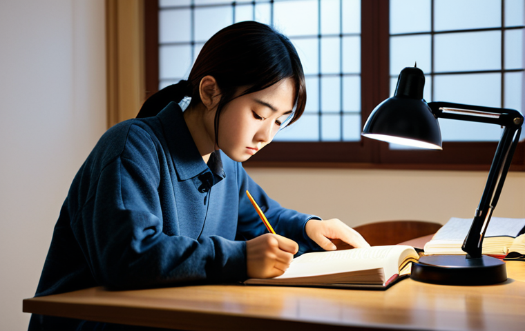 A diligent Japanese student, fully clothed in comfortable yet modest casual wear, intently studying at a neat wooden desk. The desk is organized with open textbooks, legal codes, and notebooks. A warm desk lamp casts a soft glow on the workspace, highlighting the focused expression. The background is a slightly blurred, quiet study room, conveying a sense of deep concentration. The image captures a moment of quiet determination and intellectual pursuit. safe for work, appropriate content, fully clothed, modest, perfect anatomy, correct proportions, natural pose, well-formed hands, proper finger count, natural body proportions, professional photography, high quality.