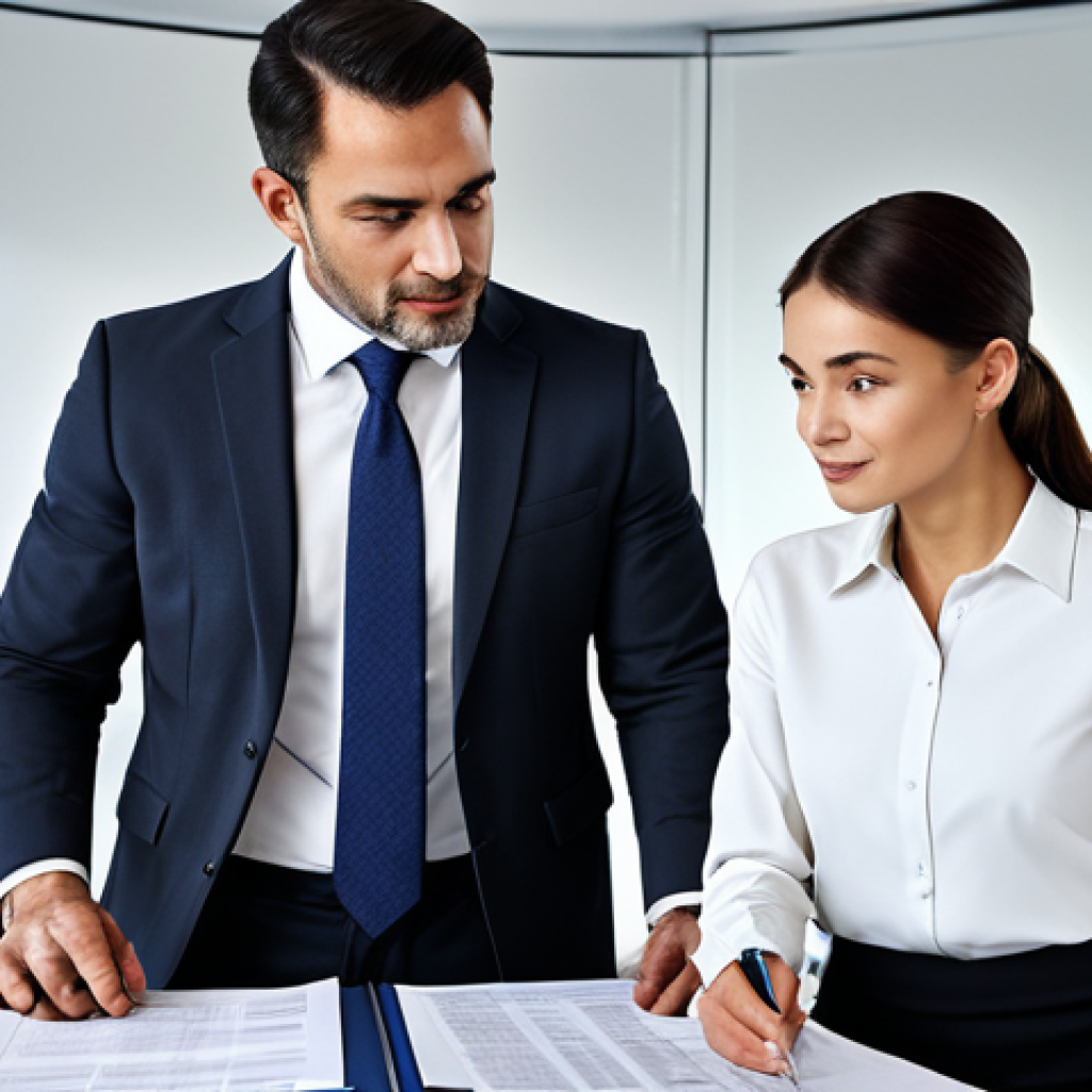 세무사 업무사례 공유 - Business Advisor**
"A professional male tax accountant in a modern office setting, advising a femal...