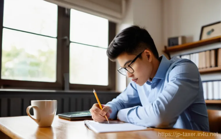 세무사 공부 포기하지 않는 법 - **Prompt:** A young adult (male or female, early 20s to early 30s) is sitting alone at a desk in a d...