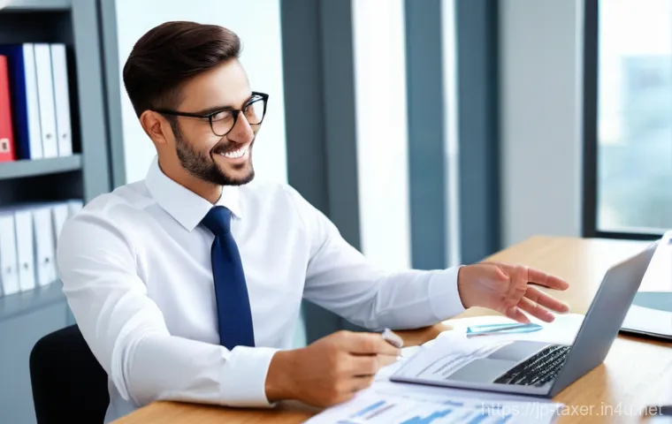 세무사와 세금 가산세 절감 - **Prompt 1: Relieved Client Consulting a Tax Advisor**
    "A bright, well-lit image of a profession...