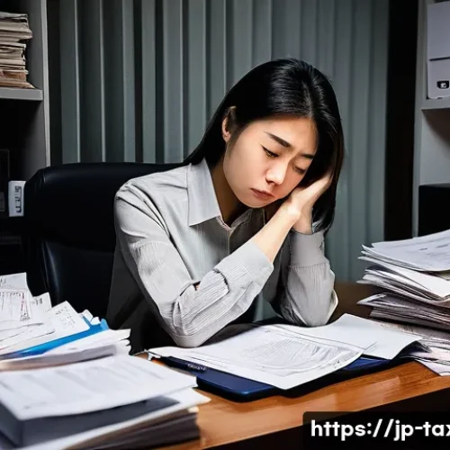 세무사와 연말정산 서비스 - **Prompt 1: Overwhelmed by Tax Documents**
    "A young Japanese freelance woman, dressed in smart c...