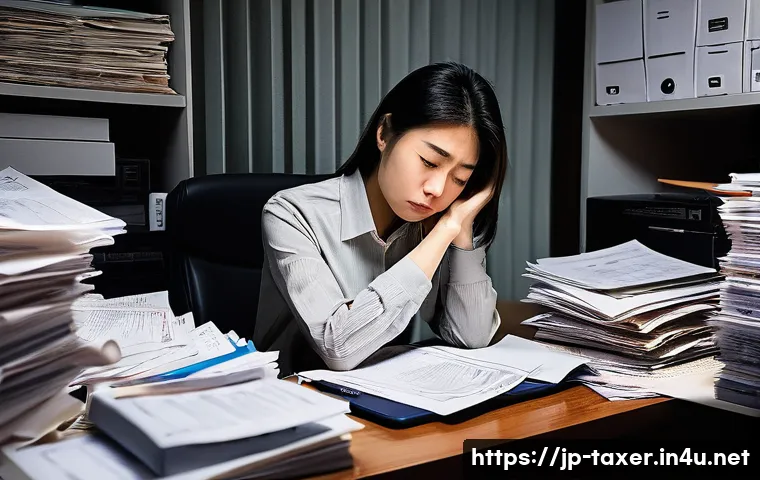 세무사와 연말정산 서비스 - **Prompt 1: Overwhelmed by Tax Documents**
    "A young Japanese freelance woman, dressed in smart c...