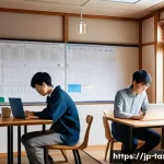 세무사 준비생 커뮤니티 추천 - A modern Japanese study group scene in a cozy room with young adults gathered around a table, using ...