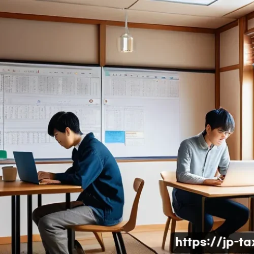 세무사 준비생 커뮤니티 추천 - A modern Japanese study group scene in a cozy room with young adults gathered around a table, using ...
