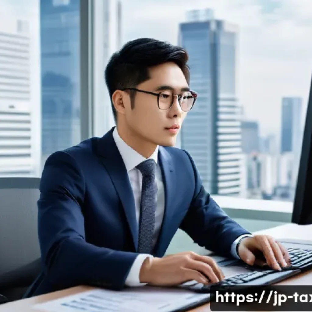 세무사 신입 연봉 평균 - A modern Tokyo tax accountant office scene featuring a young Japanese male professional in business ...