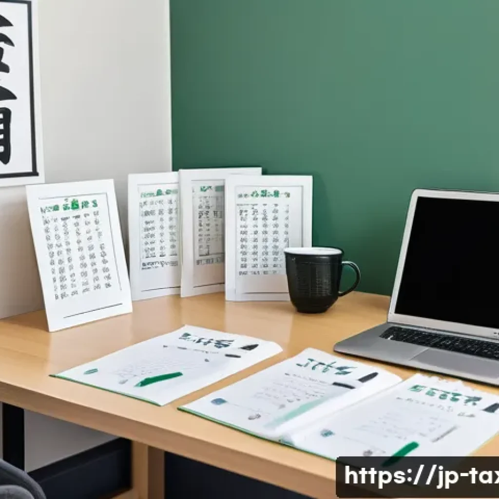세무사 과목별 학습 방법 - A detailed and modern Japanese study room scene focused on tax accountant exam preparation, featurin...