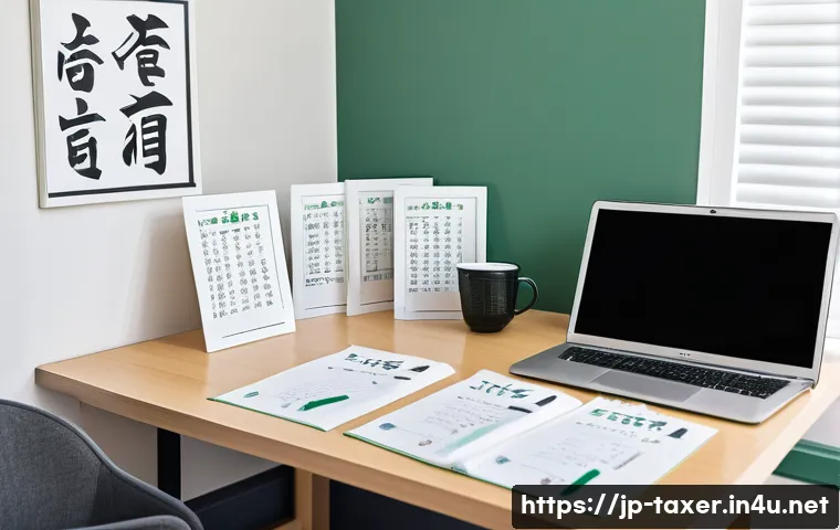 세무사 과목별 학습 방법 - A detailed and modern Japanese study room scene focused on tax accountant exam preparation, featurin...