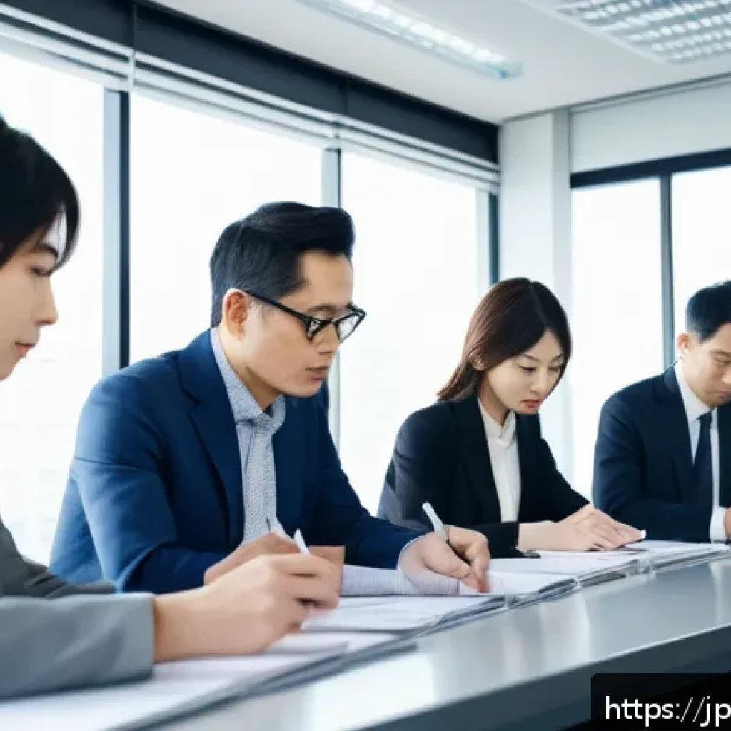 세무사와 외국인 소득 신고 - A modern Japanese office scene featuring a diverse group of professionals including foreign workers,...