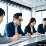 세무사와 외국인 소득 신고 - A modern Japanese office scene featuring a diverse group of professionals including foreign workers,...
