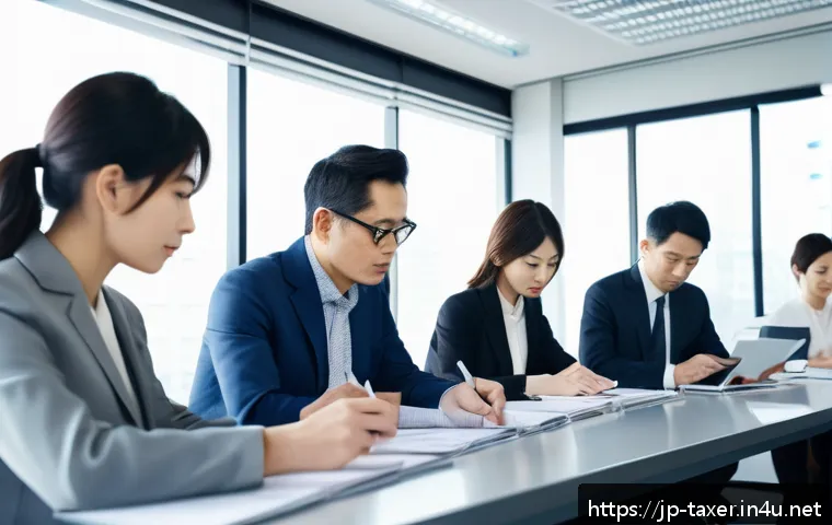 세무사와 외국인 소득 신고 - A modern Japanese office scene featuring a diverse group of professionals including foreign workers,...