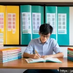 세무사 필수 서적 추천 - A modern Japanese study room scene with a young adult Japanese student sitting at a clean wooden des...