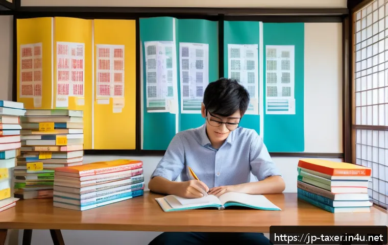 세무사 필수 서적 추천 - A modern Japanese study room scene with a young adult Japanese student sitting at a clean wooden des...
