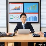 세무사 자격증 취득 후 진로 - A modern Japanese tax consultant office scene, showing a professional Japanese male tax accountant i...