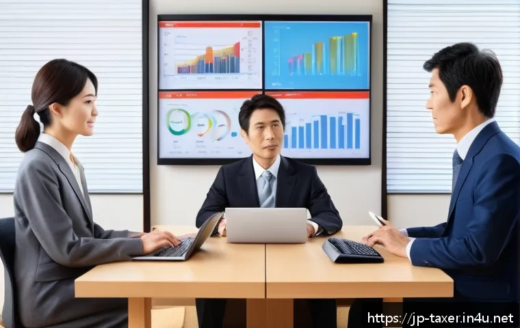 세무사 자격증 취득 후 진로 - A modern Japanese tax consultant office scene, showing a professional Japanese male tax accountant i...