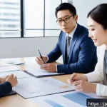 세무사와 정부 세금 감면 정책 활용 - A modern Japanese small business office scene featuring a diverse group of entrepreneurs discussing ...