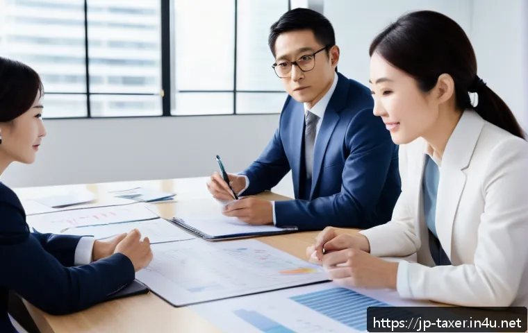 세무사와 정부 세금 감면 정책 활용 - A modern Japanese small business office scene featuring a diverse group of entrepreneurs discussing ...
