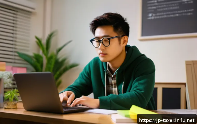 세무사 시험 초보자의 첫걸음 - A focused Japanese young adult studying late at night in a modern, cozy room filled with textbooks a...