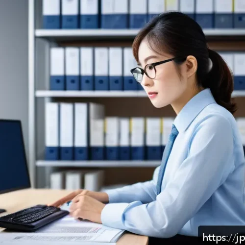 세무사와 회계사의 차이 - A professional Japanese tax accountant in a modern office setting, wearing business attire and glass...