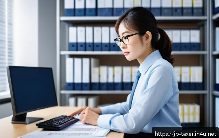 세무사와 회계사의 차이 - A professional Japanese tax accountant in a modern office setting, wearing business attire and glass...