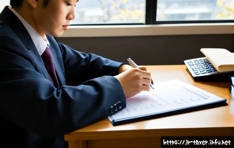 세무사 시험 준비 전략 - Photorealistic Japanese tax accountant exam preparation scene, focused adult student at a tidy woode...