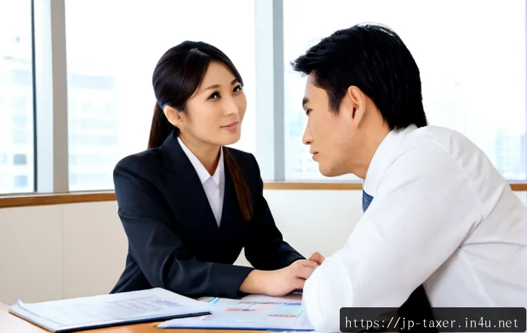 세무사 취업 시장 트렌드 - Photorealistic Japanese tax accountant job candidate in a neat business suit meeting with two hiring...